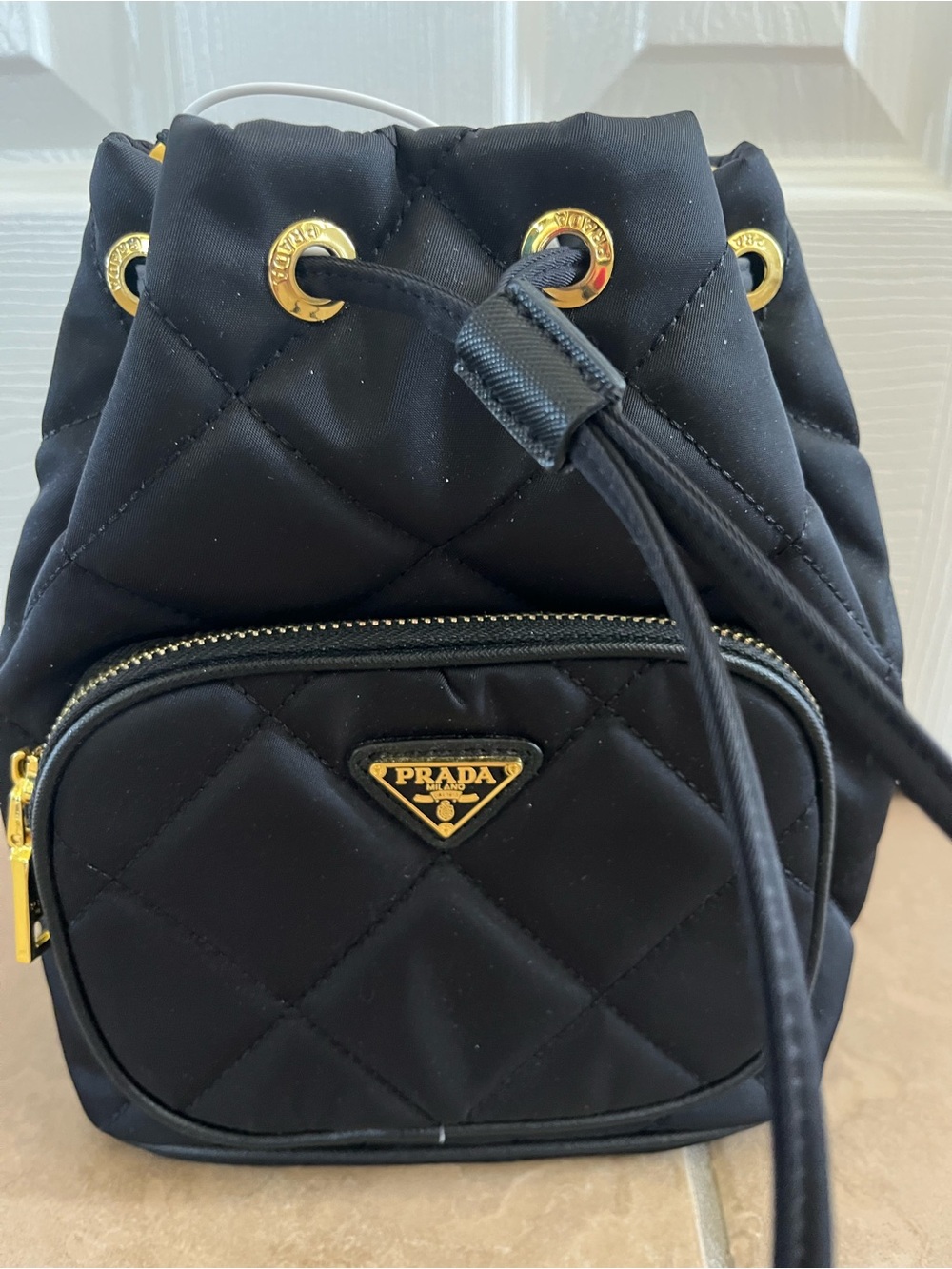 Black Quilted Nylon Drawstring Backpack